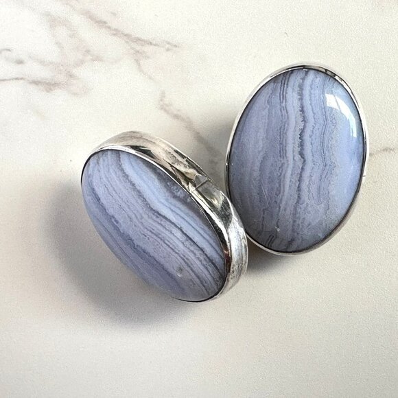 Vintage Native American Navajo Sterling Silver Blue Lace Agate Clip On Earrings - Picture 1 of 7